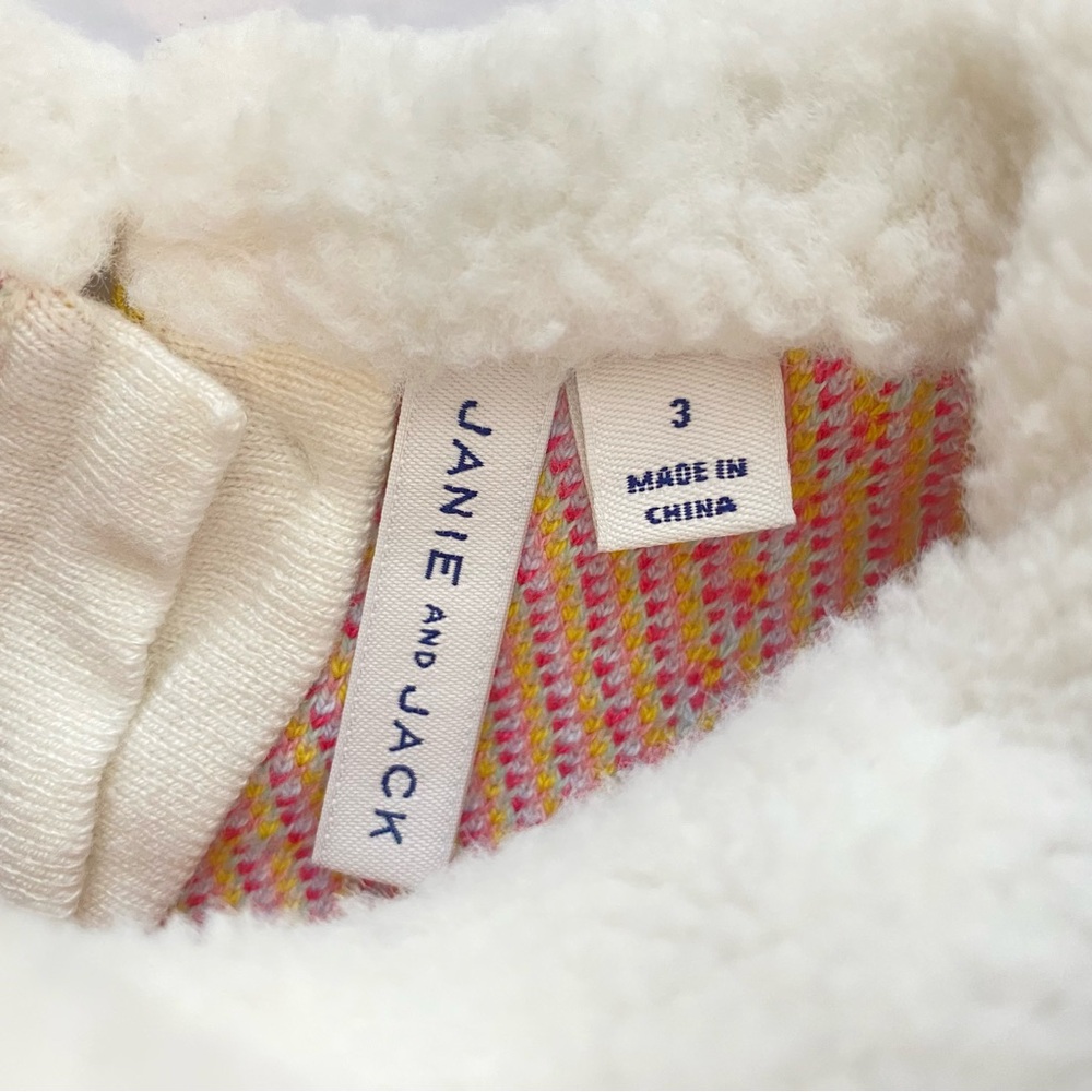 JANIE AND JACK WHITE PINK BLUE STRIPE FUR TRIM COLLAR PUFF SLEEVE SWEATER DRESS - Picture 5 of 7